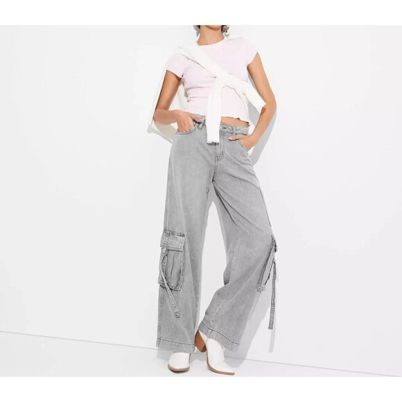 Women's Mid-Rise Wide Leg Cargo Baggy Pants (Size 2) GRAY WASH - NEW!!! - Picture 1 of 8